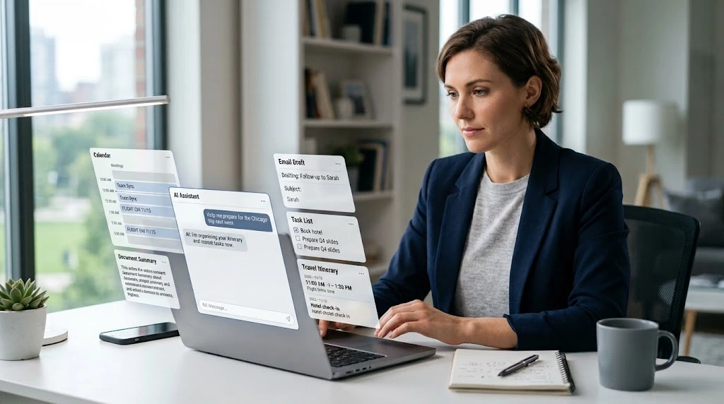 Professional using an AI personal assistant to organize digital tasks on a laptop