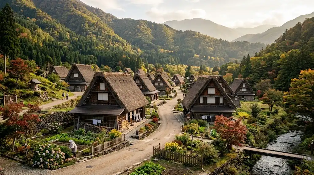 Traditional thatched-roof houses in a Japanese mountain village surrounded by forest