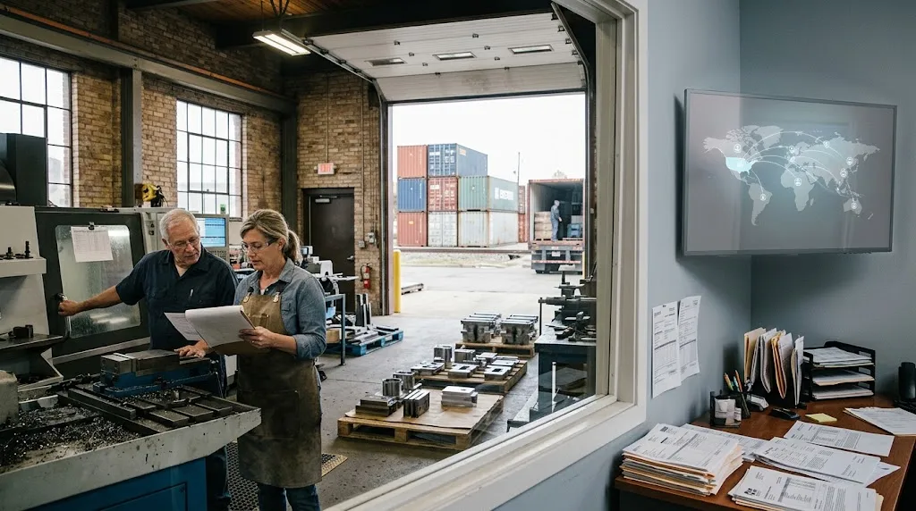 Text: Small American business connected to international trade and supply chains