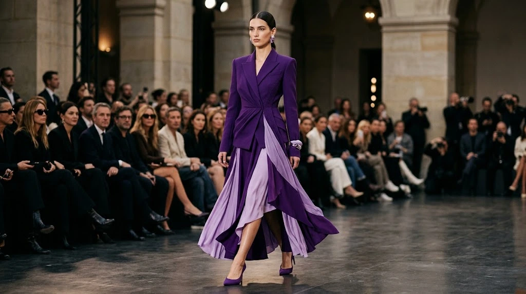 Fashion model wearing a sophisticated purple runway outfit at Paris Fashion Week