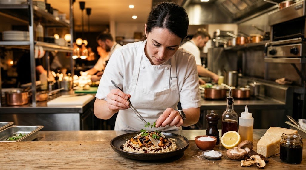 Chef finishing a savory dish with ingredients that add umami and depth