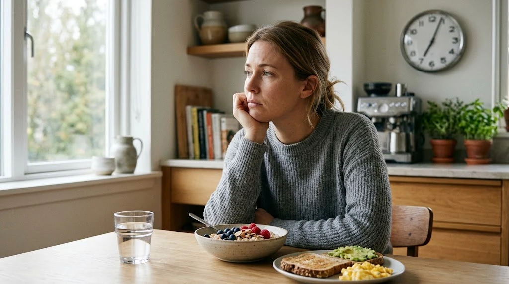 Person sitting beside an untouched healthy breakfast during a quiet morning routine