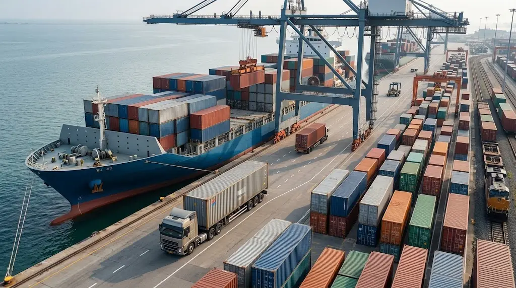 Container ship, freight truck, and port cranes supporting international cargo transportation.