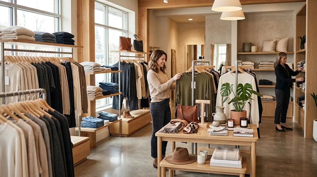 Shoppers browsing clothing, fashion accessories, and lifestyle products in a contemporary boutique.