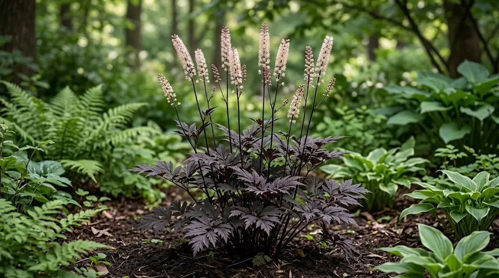 Hillside Black Beauty bugbane with dark purple foliage and tall pale flower spikes in a shaded garden.