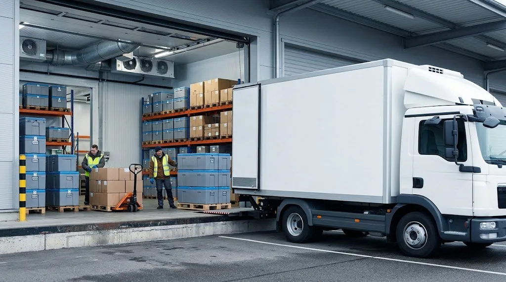 Refrigerated logistics truck at a distribution warehouse with palletized shipments ready for temperature-controlled transport.