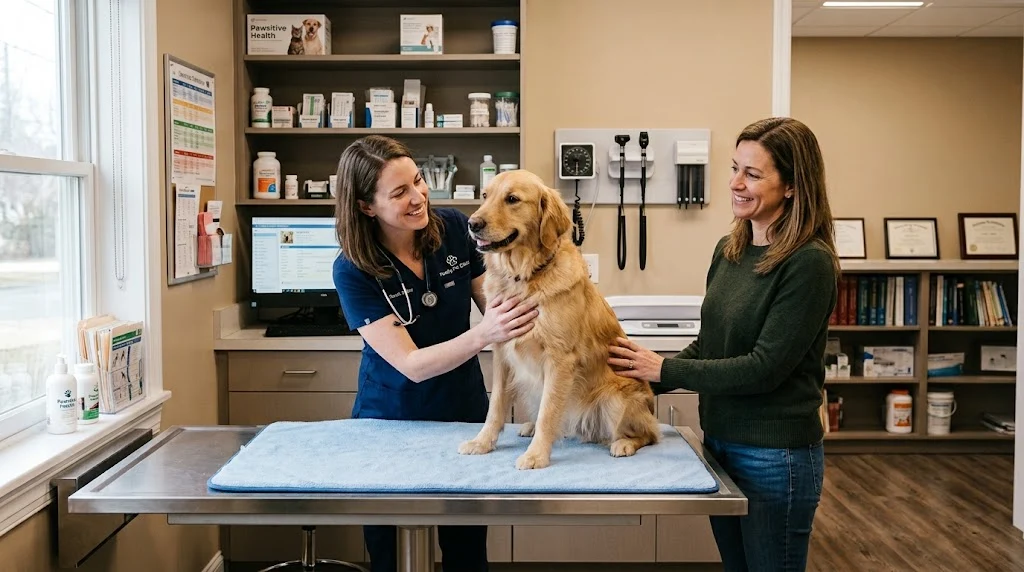 Veterinarian examining a dog during a pet wellness visit in a veterinary clinic