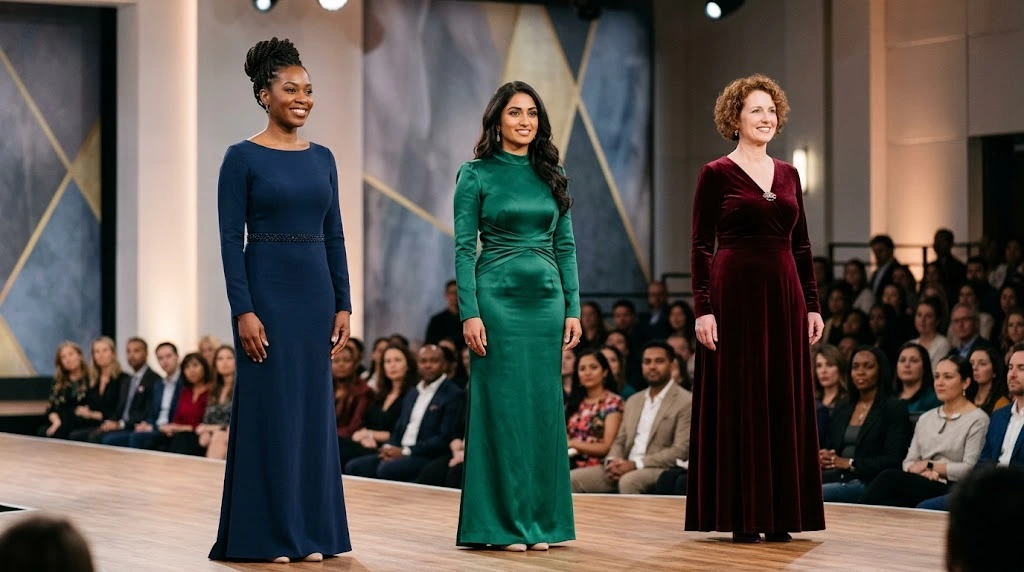 Three adult contestants in elegant formal outfits standing confidently on a fashion competition stage.