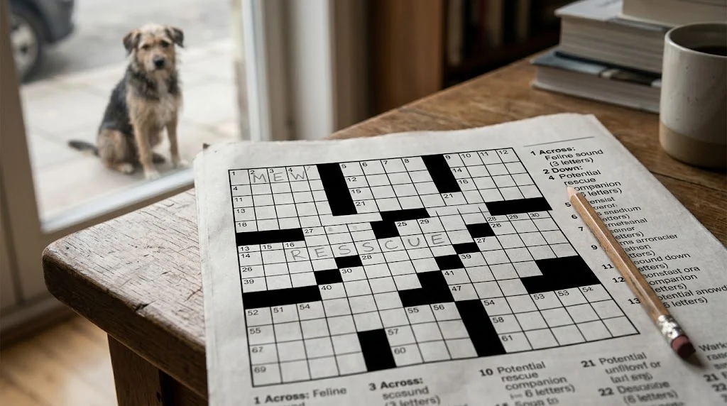 Crossword puzzle beside a stray dog representing a potential rescue pet clue