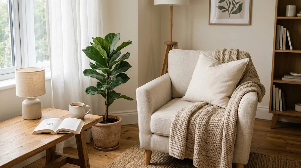 A cozy living room with a neutral armchair, knitted throw, open book, warm lamp, and indoor plant.