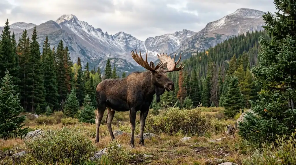 Bull moose standing in a Colorado Rocky Mountain meadow