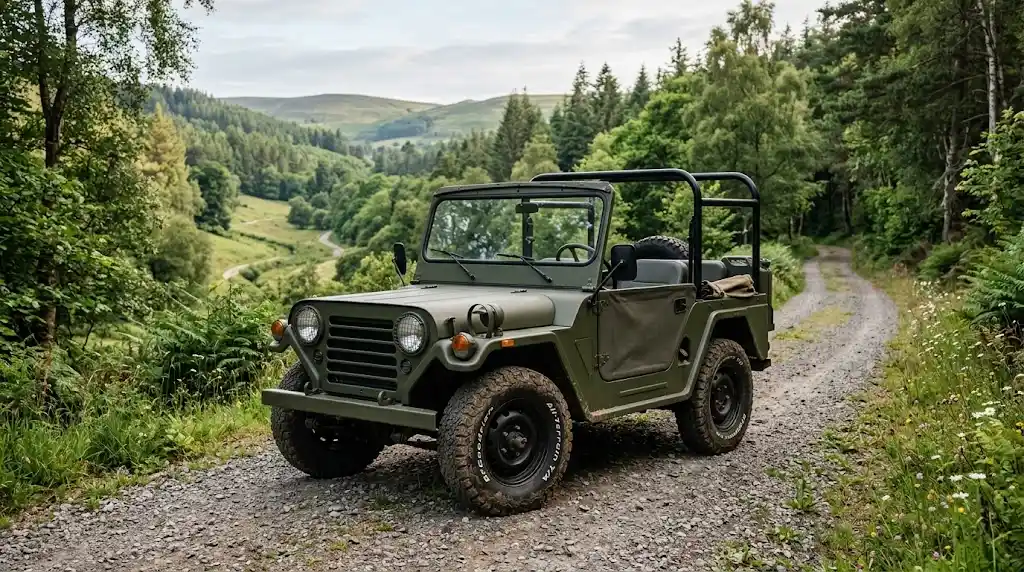 Compact classic-style mini Jeep parked on a scenic gravel trail