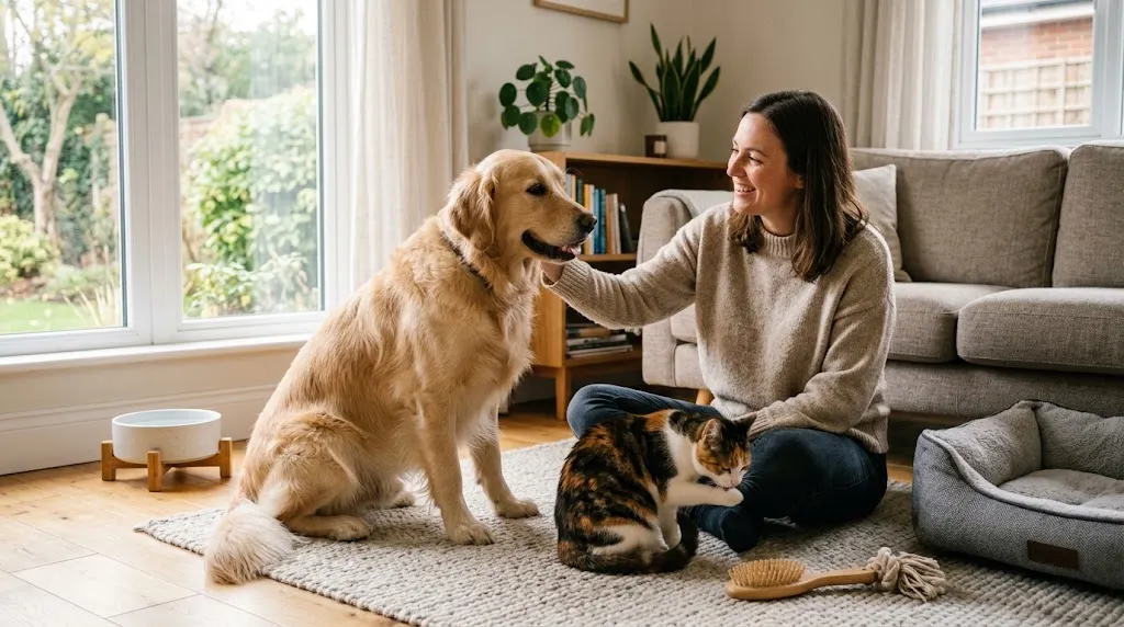 Dog and cat enjoying companionship with their owner in a comfortable home
