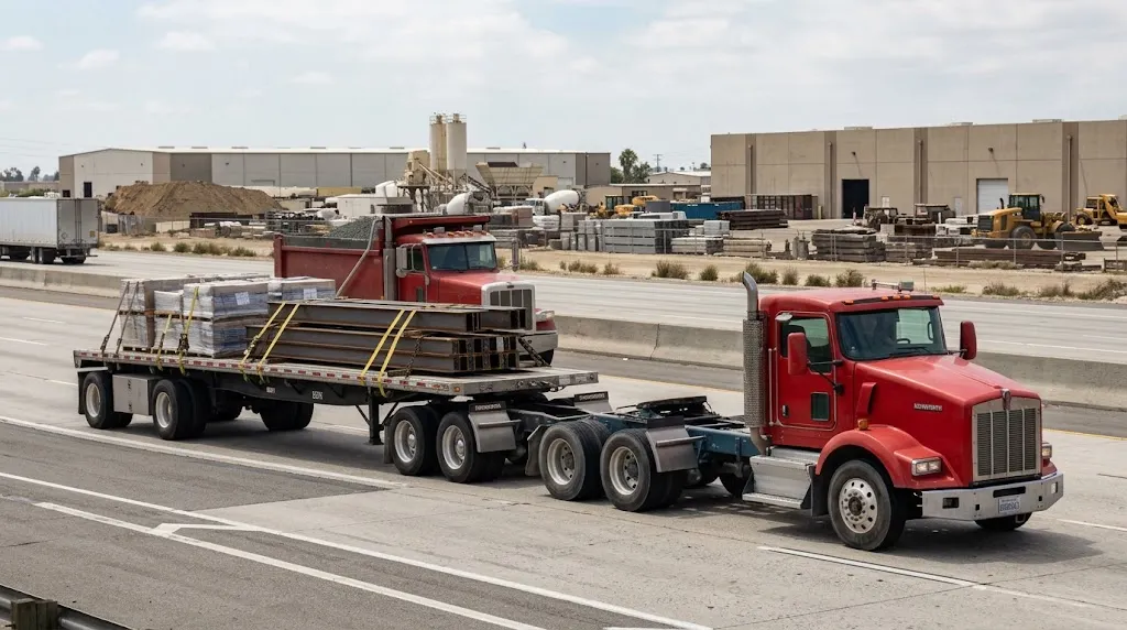 Commercial trucks transporting industrial materials on a California highway